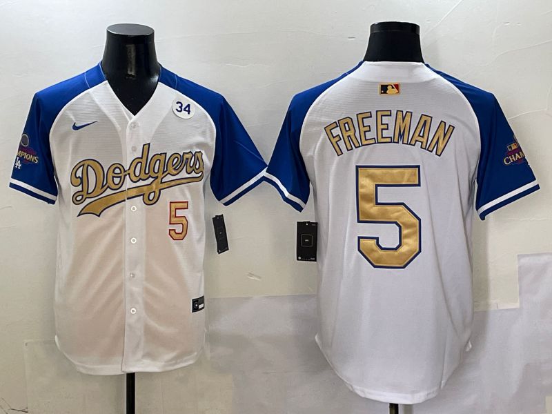Men Los Angeles Dodgers 5 Freeman White Blue Gold Game 2025 Nike MLB Jersey style 4
